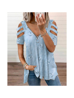 Womens Cold Shoulder Floral T Shirt Ladies Zip V-Neck Tops Tee Blouse Plus Size