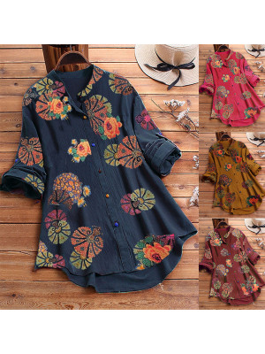 Womens Baggy Shirt Button Long Sleeve Cotton Linen Floral Blouse Tops Plus size