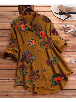 Womens Baggy Shirt Button Long Sleeve Cotton Linen Floral Blouse Tops Plus size