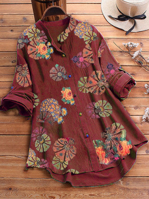 Womens Baggy Shirt Button Long Sleeve Cotton Linen Floral Blouse Tops Plus size