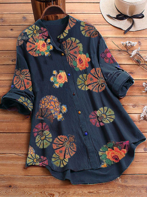 Womens Baggy Shirt Button Long Sleeve Cotton Linen Floral Blouse Tops Plus size