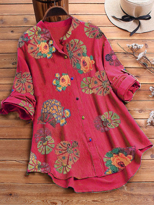 Womens Baggy Shirt Button Long Sleeve Cotton Linen Floral Blouse Tops Plus size