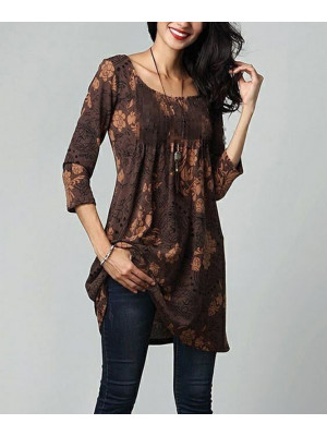 Womens Boho Print Tunic Long Tops Ladies Casual Loose Long Sleeve Blouse T Shirt