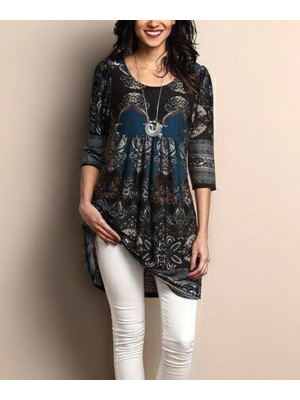 Womens Boho Print Tunic Long Tops Ladies Casual Loose Long Sleeve Blouse T Shirt