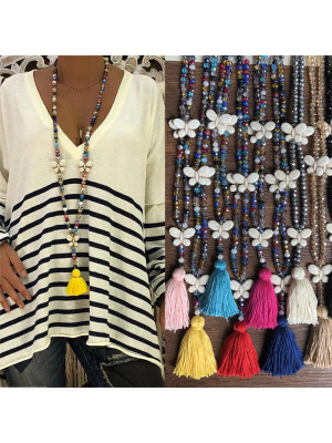 Women Retro Boho Crystal Bead Long Chain Necklace Sweater Tassel Pendant Jewelry