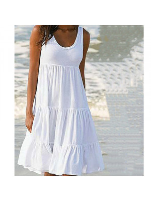 Plus Size Women Sleeveless Solid Vest Dress Ladies Summer Beach Frill Midi Dress