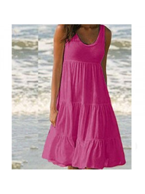 Plus Size Women Sleeveless Solid Vest Dress Ladies Summer Beach Frill Midi Dress