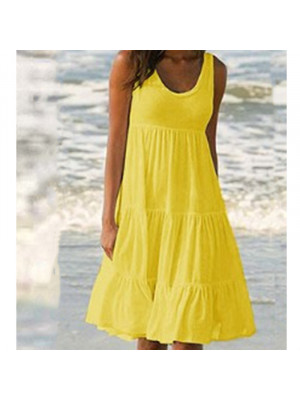 Plus Size Women Sleeveless Solid Vest Dress Ladies Summer Beach Frill Midi Dress