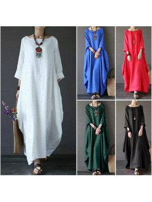 Ladies 3/4 Sleeve Long Dress Womens Casual Kaftan Maxi Sundress Plain Plus Size