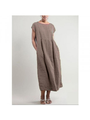 Womens Sleeveless Cotton Linen Long Dress Ladies Casual Pockets Sundress Summer