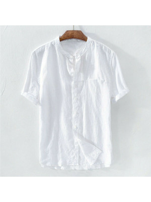 Mens Linen Short Sleeve Plain Shirts Smart Casual Fit Formal Dress Top Tee Shirt