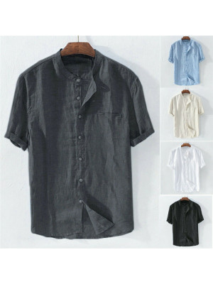 Mens Linen Short Sleeve Plain Shirts Smart Casual Fit Formal Dress Top Tee Shirt