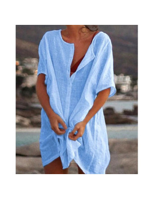 Womens Half Sleeve Shirt Dress Ladies Casual Long Blouse Tops Holiday Dresses 