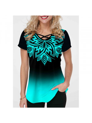 Womens Loose Print Short Sleeve T-Shirt V-Neck Pullover Tops Ladies Casual Tunic