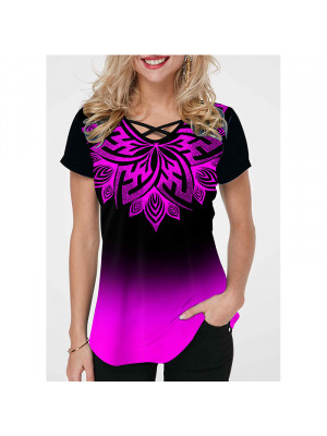 Womens Loose Print Short Sleeve T-Shirt V-Neck Pullover Tops Ladies Casual Tunic