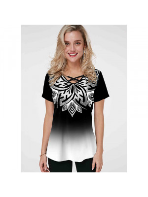 Womens Loose Print Short Sleeve T-Shirt V-Neck Pullover Tops Ladies Casual Tunic