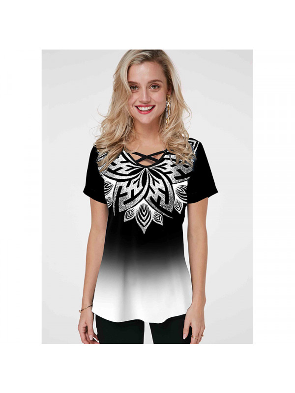 Womens Loose Print Short Sleeve T-Shirt V-Neck Pullover Tops Ladies Casual Tunic