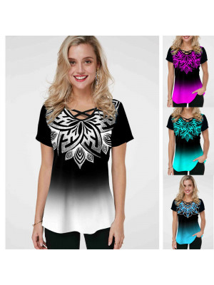 Womens Loose Print Short Sleeve T-Shirt V-Neck Pullover Tops Ladies Casual Tunic