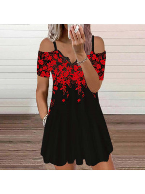 Women Sexy Off Shoulder A-Line Dress Ladies Floral Mini Party V-Neck Sundress