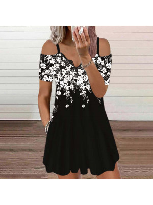 Women Sexy Off Shoulder A-Line Dress Ladies Floral Mini Party V-Neck Sundress