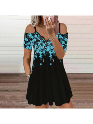 Women Sexy Off Shoulder A-Line Dress Ladies Floral Mini Party V-Neck Sundress