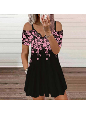 Women Sexy Off Shoulder A-Line Dress Ladies Floral Mini Party V-Neck Sundress