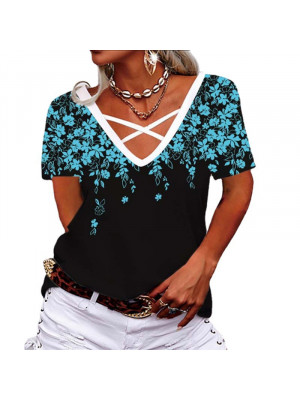 Women Baggy Sexy V-Neck Top Ladies Casual Blouse Short Sleeve Floral T-Shirts