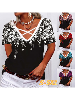 Women Baggy Sexy V-Neck Top Ladies Casual Blouse Short Sleeve Floral T-Shirts