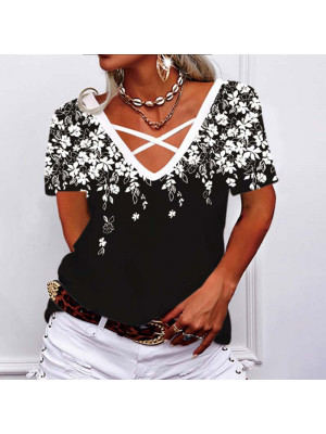 Women Baggy Sexy V-Neck Top Ladies Casual Blouse Short Sleeve Floral T-Shirts