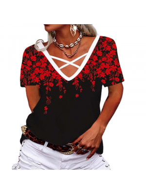 Women Baggy Sexy V-Neck Top Ladies Casual Blouse Short Sleeve Floral T-Shirts