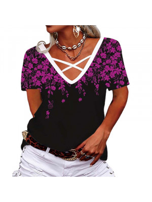 Women Baggy Sexy V-Neck Top Ladies Casual Blouse Short Sleeve Floral T-Shirts