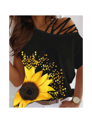 Ladies Cold Shoulder Floral Casual Tops Women Short Bat Sleeve Tees Blouse Shirt