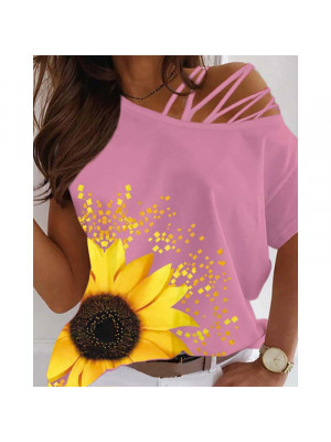 Ladies Cold Shoulder Floral Casual Tops Women Short Bat Sleeve Tees Blouse Shirt