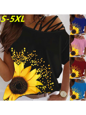 Ladies Cold Shoulder Floral Casual Tops Women Short Bat Sleeve Tees Blouse Shirt