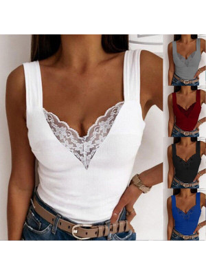 Womens Lace Sexy Sleeveless Tops Ladies V Neck Vest Casual Cami Blouse Shirt