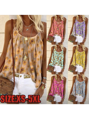 Plus Size Women Floral Vest Sleeveless Cami Top Ladies Strappy Flared Tops Shirt