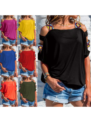 Ladies Sexy Cold Shoulder Tops Women Boho Short Sleeve T-shirt Casual Tee Blouse