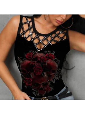 Plus Size Women Sexy Sleeveless Floral Tops Ladies Vest Summer Cami Slim Tank