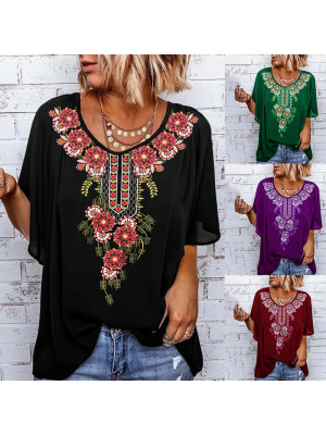 Ladies Floral Casual Tops Womens Crew Neck Boho Short Sleeve Tees Blouse Shirt