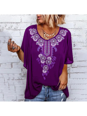 Ladies Floral Casual Tops Womens Crew Neck Boho Short Sleeve Tees Blouse Shirt