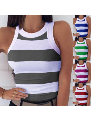 Womens Round Neck Tank Tops Summer Cami Vest Sleeveless Striped T-Shirt Blouse