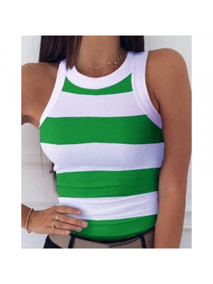 Womens Round Neck Tank Tops Summer Cami Vest Sleeveless Striped T-Shirt Blouse