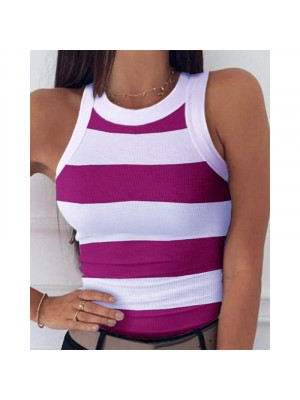 Womens Round Neck Tank Tops Summer Cami Vest Sleeveless Striped T-Shirt Blouse