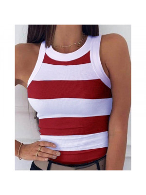 Womens Round Neck Tank Tops Summer Cami Vest Sleeveless Striped T-Shirt Blouse