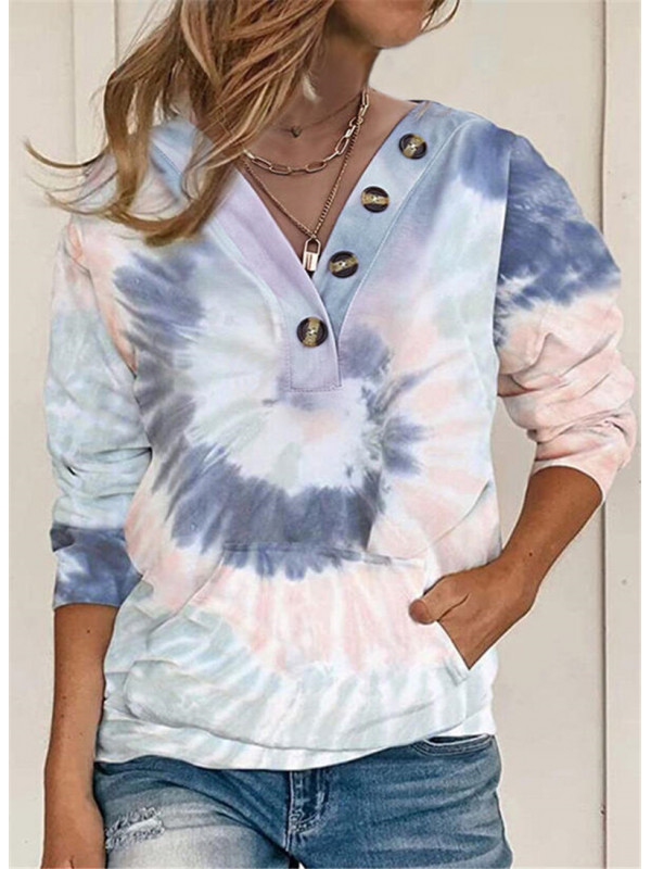 Women Casual V Neck Long Sleeve Button Blouse Top Ladies Loose Tie Dye Tee Shirt