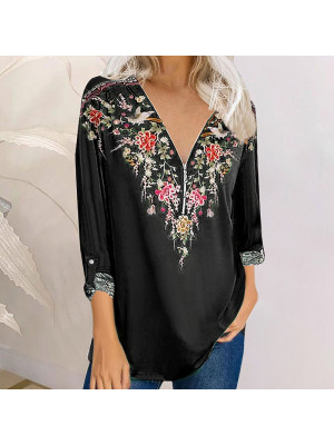 Womens Long Sleeve T Shirt V Neck Floral Tops Ladies Loose Casual Zipper Blouse