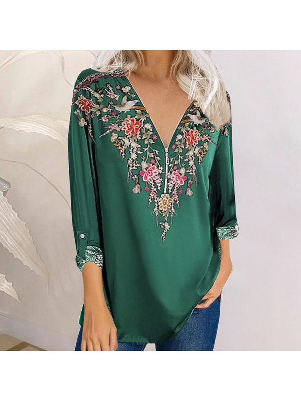 Womens Long Sleeve T Shirt V Neck Floral Tops Ladies Loose Casual Zipper Blouse