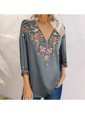 Womens Long Sleeve T Shirt V Neck Floral Tops Ladies Loose Casual Zipper Blouse