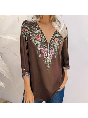 Womens Long Sleeve T Shirt V Neck Floral Tops Ladies Loose Casual Zipper Blouse