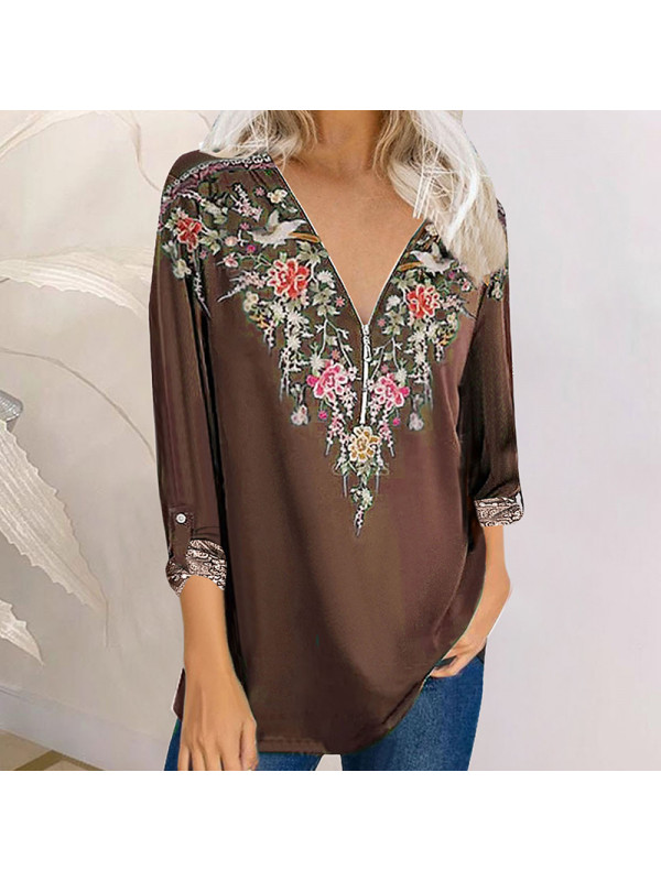 Womens Long Sleeve T Shirt V Neck Floral Tops Ladies Loose Casual Zipper Blouse